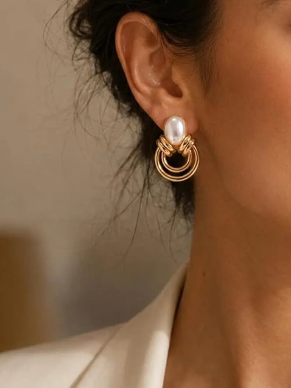 Anthropologie Gold Tone and White Pearl Hoop Drop Earrings